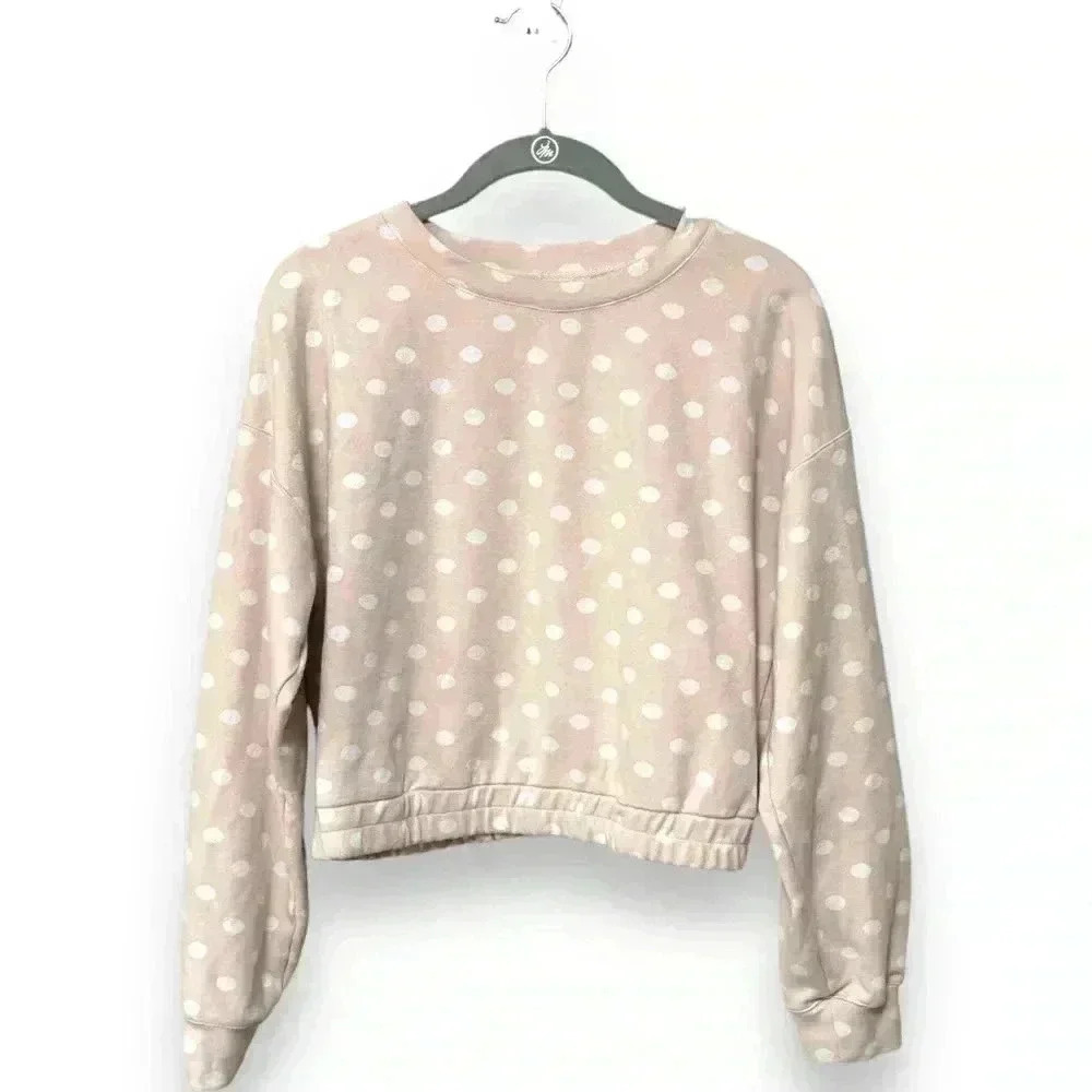 BLU PEPPER Dot Print Crew Neck Cropped Top long sleeve blush pink and cream NEW! - Picture 10 of 14